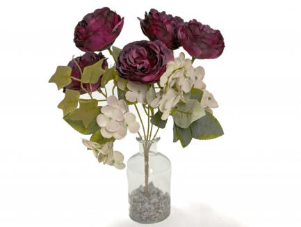 Dirbtinių rožių ir hortenzijų puokštelė
